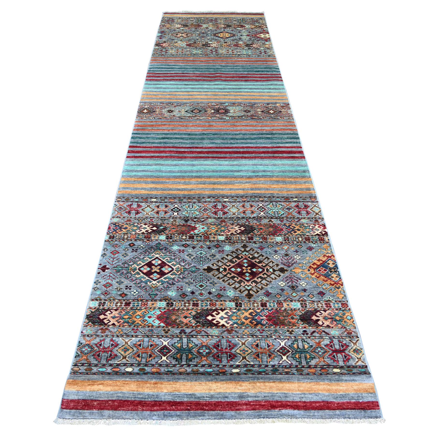 Spanish Gray, Afghan Super Kazak with Khorjin Design, Hand Knotted, Pure Wool, Vegetable Dyes, Wide Runner, Oriental Rug